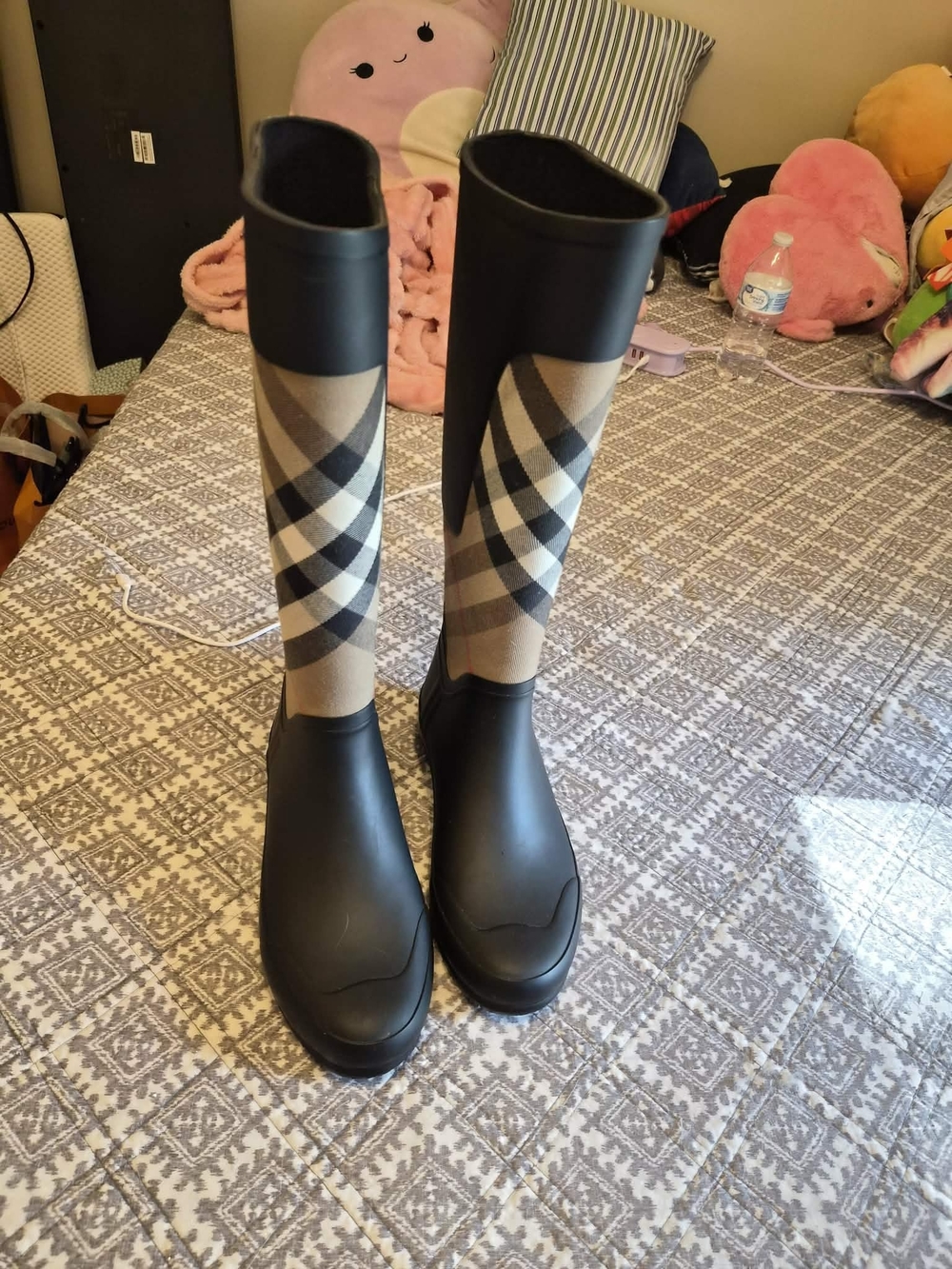 BURBERRY Plaid Pattern Knee-High Rain Boots - Black & Beige